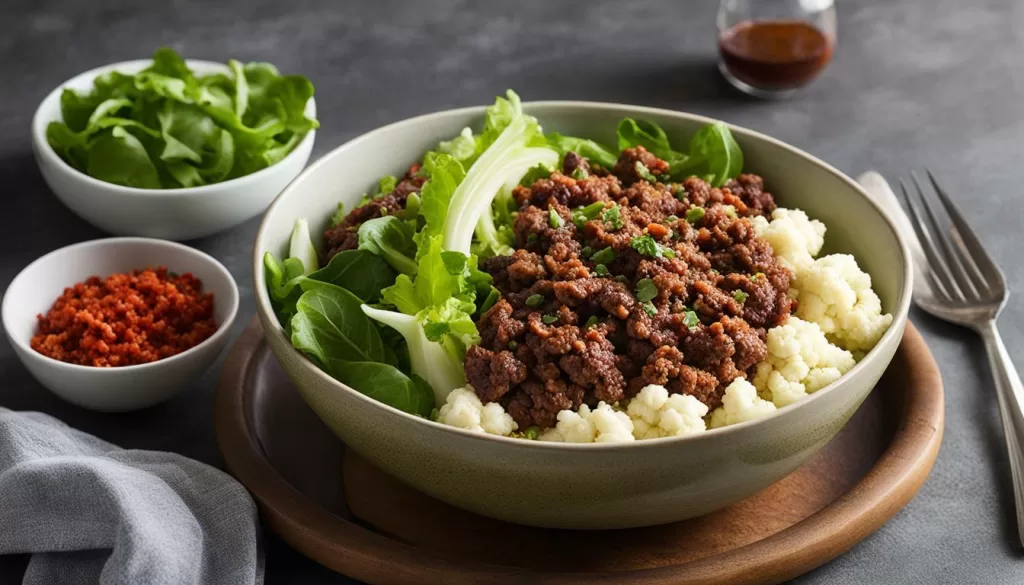Tigela de carne moída com couve-flor e salada verde